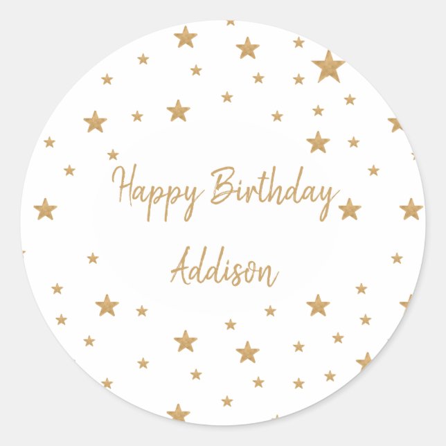 Personalised Gold Star Glitter Happy Birthday Classic Round Sticker (Front)