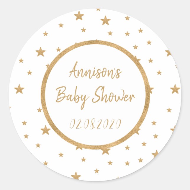 Personalised Gold Star Glitter Sparkle Baby Shower Classic Round Sticker (Front)