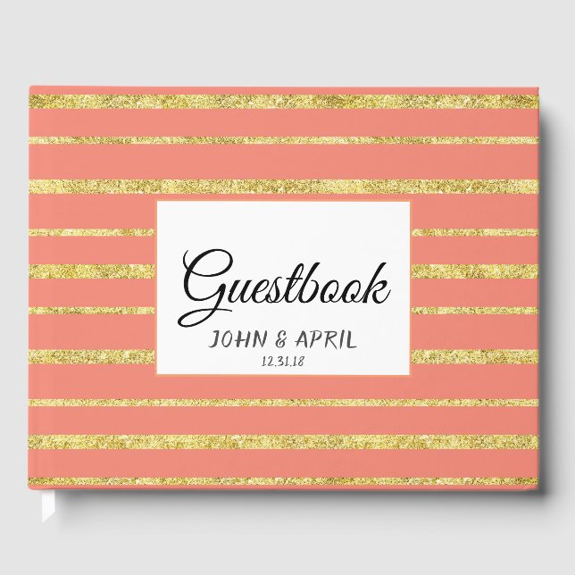 Personalised Gold Stripe and Coral Guestbook (Front)
