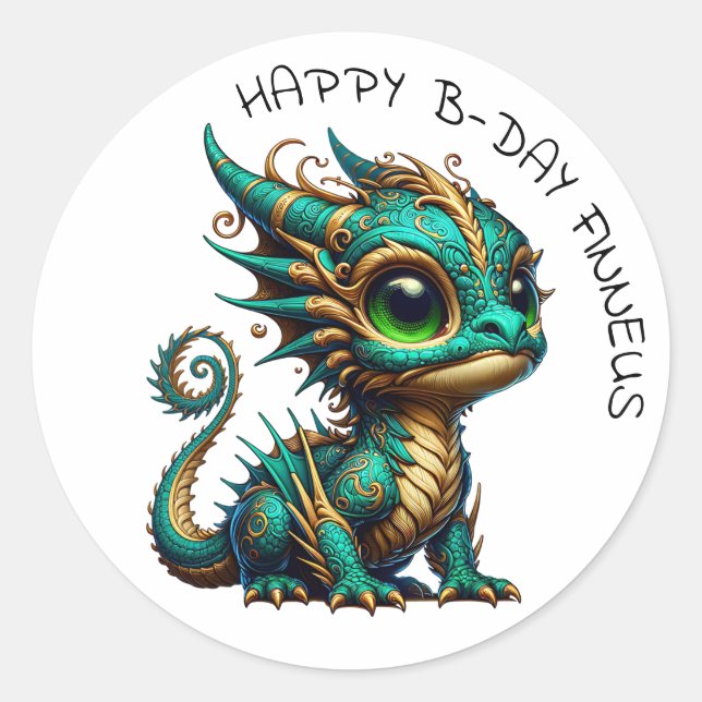 Personalised Gold Teal Dragon Boy's Birthday  Classic Round Sticker (Front)