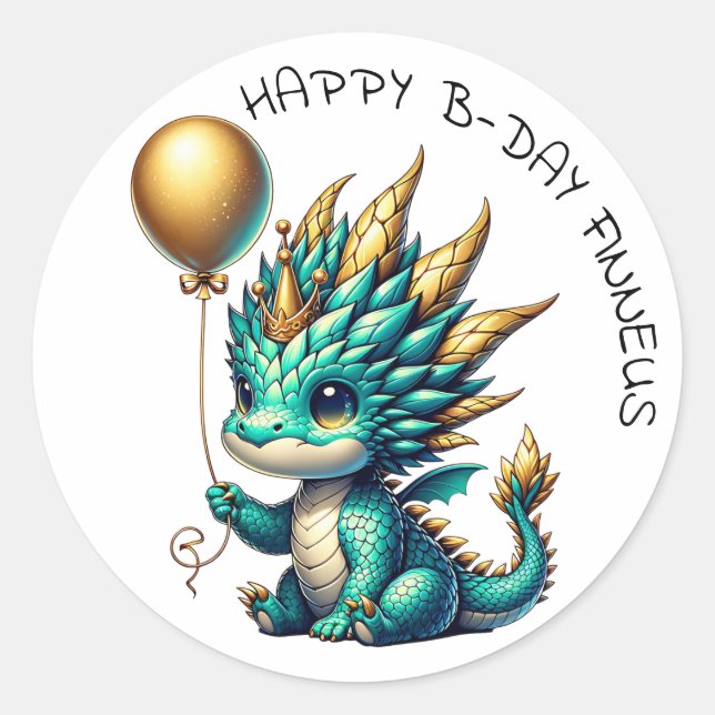 Personalised Gold Teal Dragon Boy's Birthday Party Classic Round Sticker (Front)