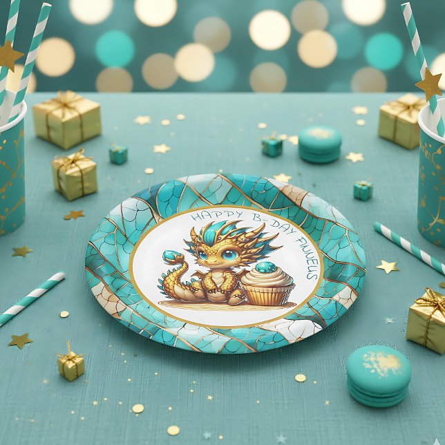 Personalised Gold Teal Dragon Boy's Birthday Party Paper Plate (Creator Uploaded)