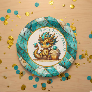 Personalised Gold Teal Dragon Boy's Birthday Party Paper Plate