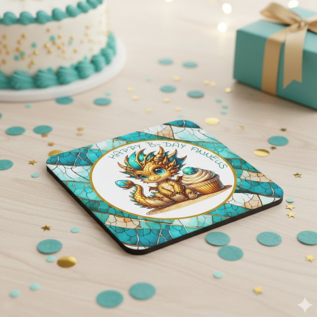 Personalised Gold Teal Dragon Boy's Birthday Party Square Paper Coaster (Creator Uploaded)