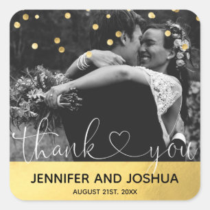 Personalised Gold THANK YOU Heart Wedding PHOTO Square Sticker