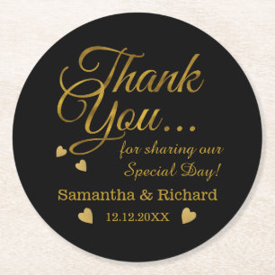 Personalised Gold Thank You Wedding Favour  Round Paper Coaster