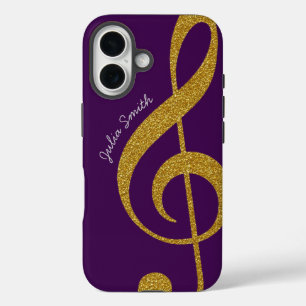 personalised gold treble clef music purple iPhone 16 case