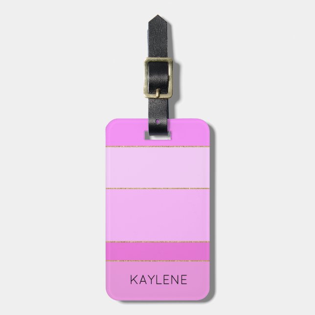Personalised Gold Trim Pink Stripes Luggage Tag (Front Vertical)