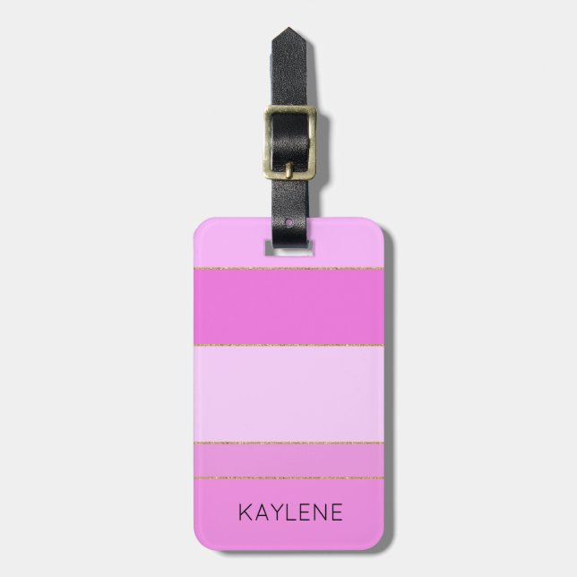 Personalised Gold Trim Pink Stripes Luggage Tag (Front Vertical)