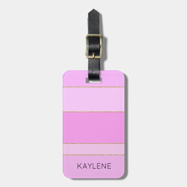 Personalised Gold Trim Pink Stripes Luggage Tag (Front Vertical)