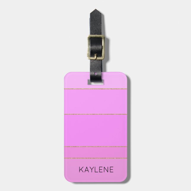 Personalised Gold Trim Pink Stripes Luggage Tag (Front Vertical)