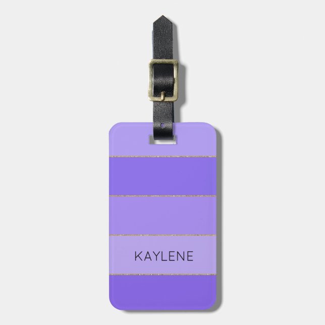 Personalised Gold Trim Violet Stripes Luggage Tag (Front Vertical)