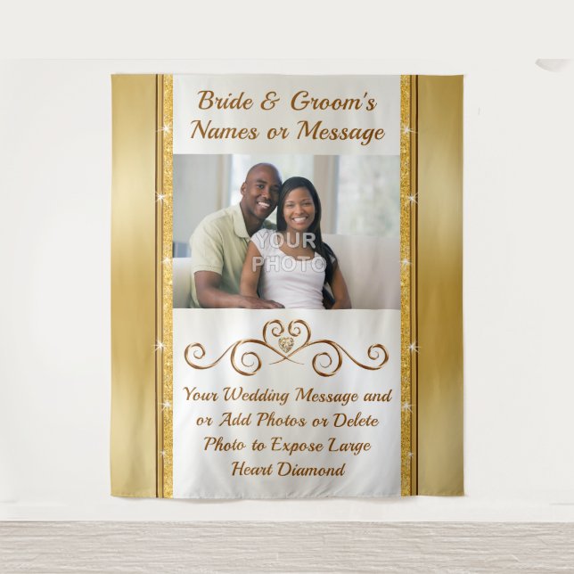 Personalised Gold, Wedding Photo Wall Backdrop.  Tapestry (Front)