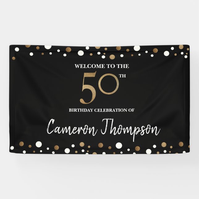 Personalised Gold White confetti  50th birthday Banner (Horizontal)