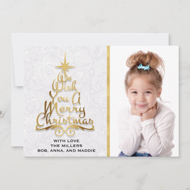 Personalised Gold White Lace Photo Christmas Card (Front)