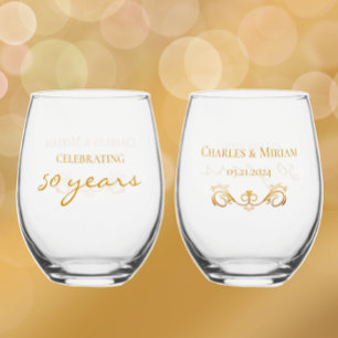 Personalised Golden 50th Anniversary Keepsake Gift Stemless Wine Glass