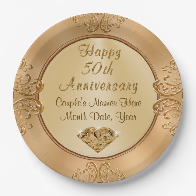 Personalised Golden 50th Anniversary Paper Plates (Front)