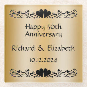 Personalised Golden 50th Wedding Anniversary Gift Glass Coaster