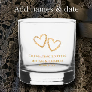 Personalised Golden Heart 20th Wedding Anniversary Whiskey Glass