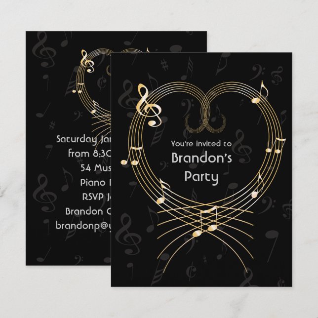 Personalised Golden Heart Musical Notes Birthday Invitation (Front/Back)