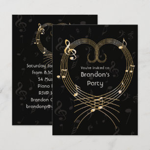 Personalised Golden Heart Musical Notes Birthday Invitation