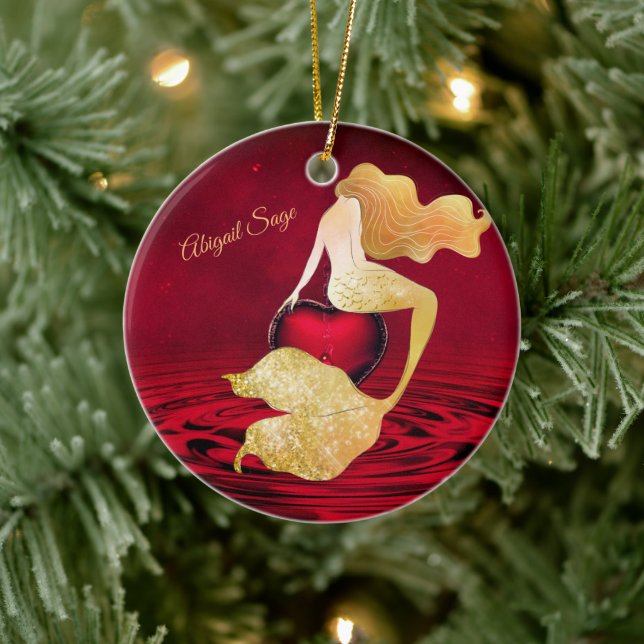 Personalised Golden Mermaid with Red Heart Ceramic Tree Decoration (Tree)