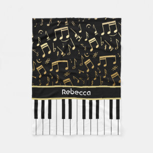 Personalised golden notes and piano keys fleece blanket