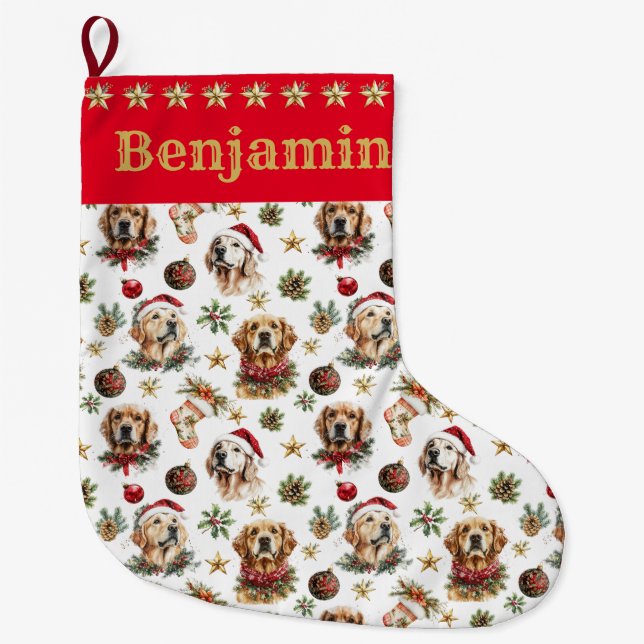Personalised Golden Retriever Dog Christmas Stocki Large Christmas Stocking (Front)