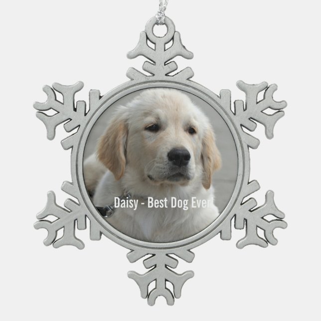 Personalised Golden Retriever Dog Photo and Name Snowflake Pewter Christmas Ornament (Front)