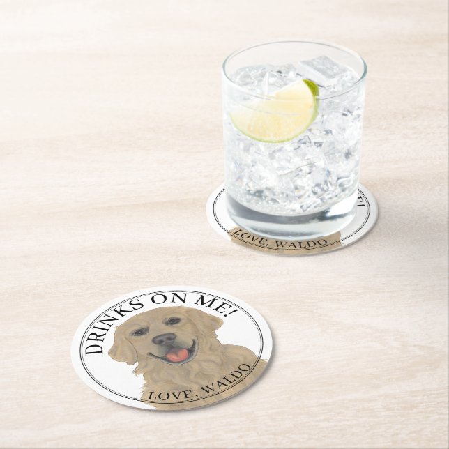 Personalised Golden Retriever Dog Wedding Round Paper Coaster (Insitu)