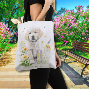 Personalised Golden Retriever Pup in Flowers Tote Bag