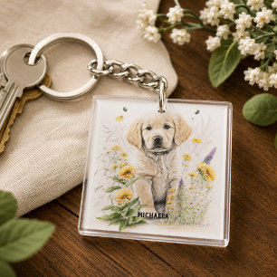 Personalised Golden Retriever Puppy and Florals Key Ring