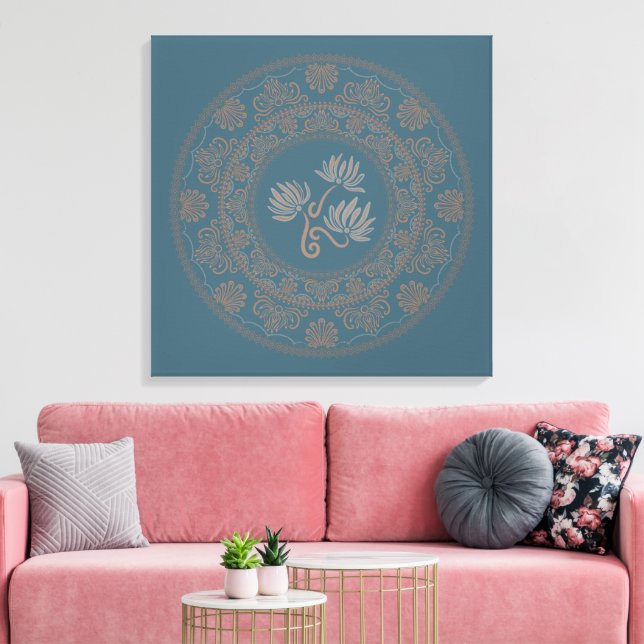 Personalised Golden Teal Rococo Lotus Dot Mandala Canvas Print (Insitu(LivingRoom))