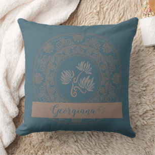 Personalised Golden Teal Rococo Lotus Dot Mandala Cushion