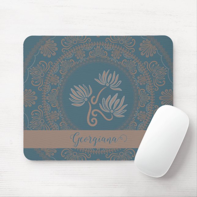 Personalised Golden Teal Rococo Lotus Dot Mandala Mouse Mat (With Mouse)
