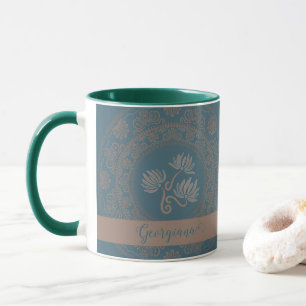 Personalised Golden Teal Rococo Lotus Dot Mandala Mug