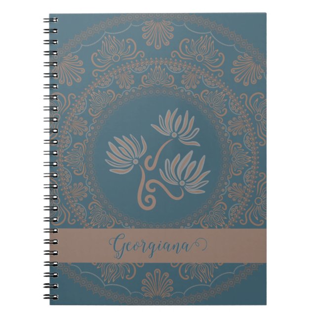 Personalised Golden Teal Rococo Lotus Dot Mandala Notebook (Front)