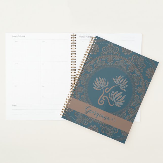 Personalised Golden Teal Rococo Lotus Dot Mandala Planner (Display)