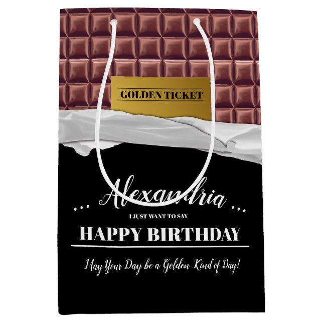 Personalised Golden Ticket Chocolate Bar Birthday Medium Gift Bag (Front)