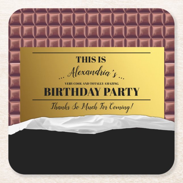 Personalised Golden Ticket Chocolate Party Square Paper Coaster (Front)