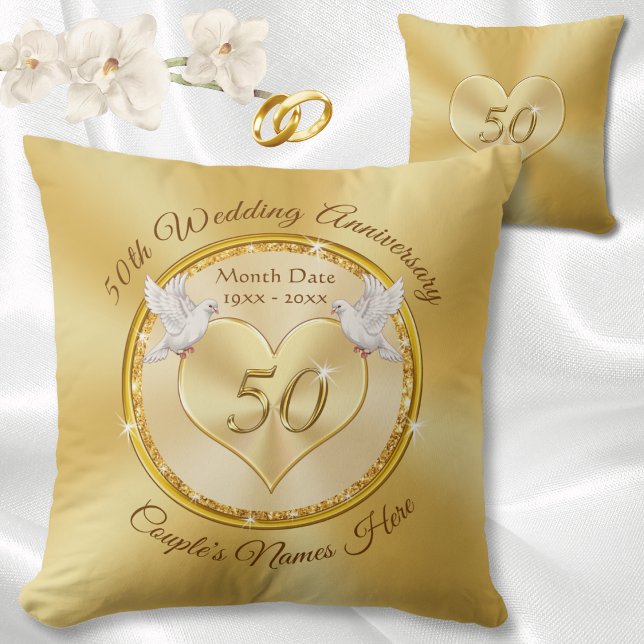 Personalised Golden Wedding Anniversary Gifts, Cushion (Golden wedding anniversary gift ideas. Pretty Love Birds over over 50th anniversary pillows, Heart.)