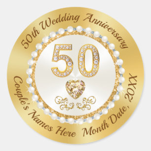 Personalised, Golden Wedding Anniversary Stickers, Classic Round Sticker