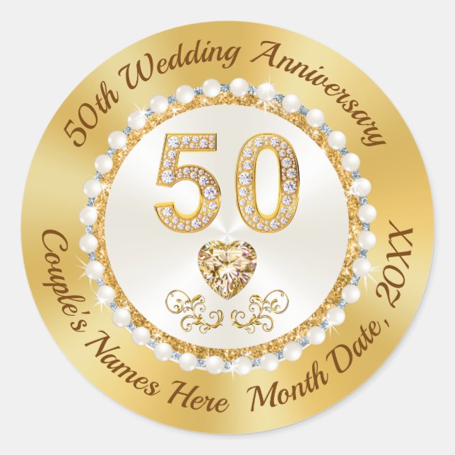 Personalised, Golden Wedding Anniversary Stickers, Classic Round Sticker (Front)