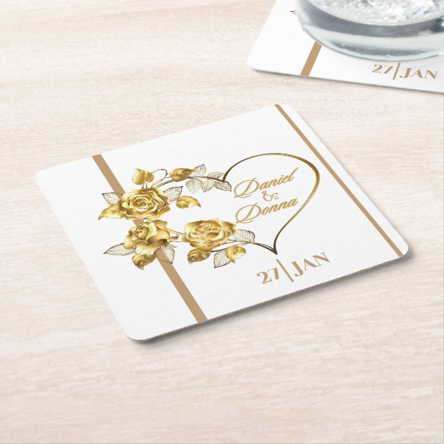 Personalised Golden Wedding Square Paper Coaster (Angled)