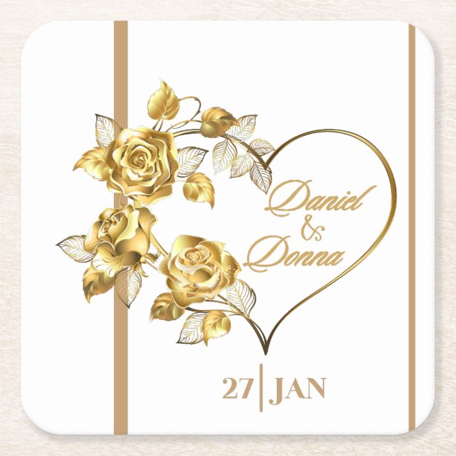 Personalised Golden Wedding Square Paper Coaster (Front)