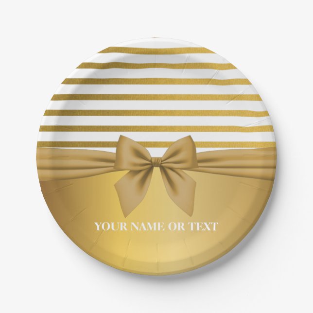 Personalised Golden white Stripes Christmas Bow   Paper Plate (Front)