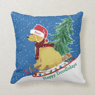 Personalised Goldendoodle Christmas Snow Sled Blue Cushion