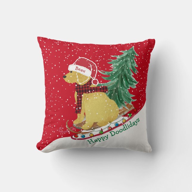 Personalised Goldendoodle Christmas Snow Sled Cushion (Front)
