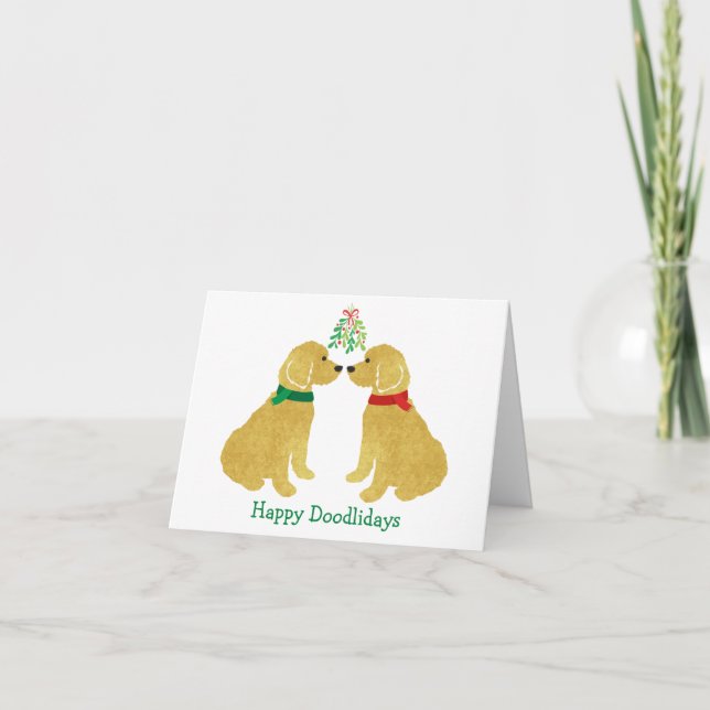 Personalised Goldendoodles Kissing Under Mistletoe Holiday Card (Front)