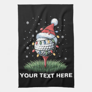 Personalised Golf Ball Christmas Tree Santa Hat Tea Towel